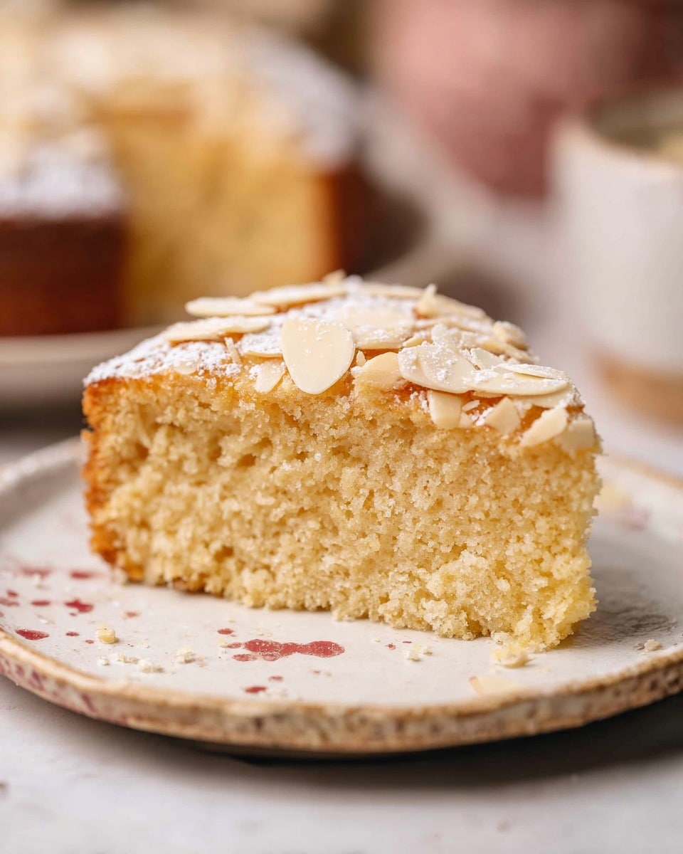 The image shows one slice of light golden brown cake with a soft and crumbly texture. The top layer is decorated with slivered almonds and a light dusting of powdered sugar, giving it a slightly textured and pale finish. The cake slice sits on a white plate with rustic edges and faint red speckles, placed on a white marbled surface. The background is softly blurred with warm tones, highlighting the cake slice in clear focus. Photo taken with an iphone --ar 4:5 --v 7