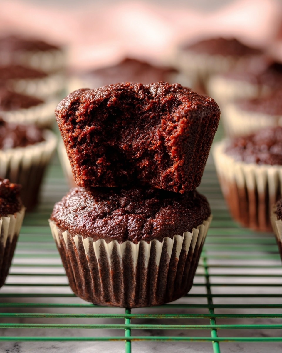 The image shows a close-up of two rich, dark brown chocolate muffins stacked one on top of the other on a green wire cooling rack. The top muffin has a bite taken out of it, revealing a moist, dense texture inside. Around the stacked muffins, there are more chocolate muffins in white paper liners blurred softly in the background. The scene is set against a soft white marbled surface beneath the rack. The muffins have a slightly cracked top with a textured, dense look that suggests they are soft inside. photo taken with an iphone --ar 4:5 --v 7