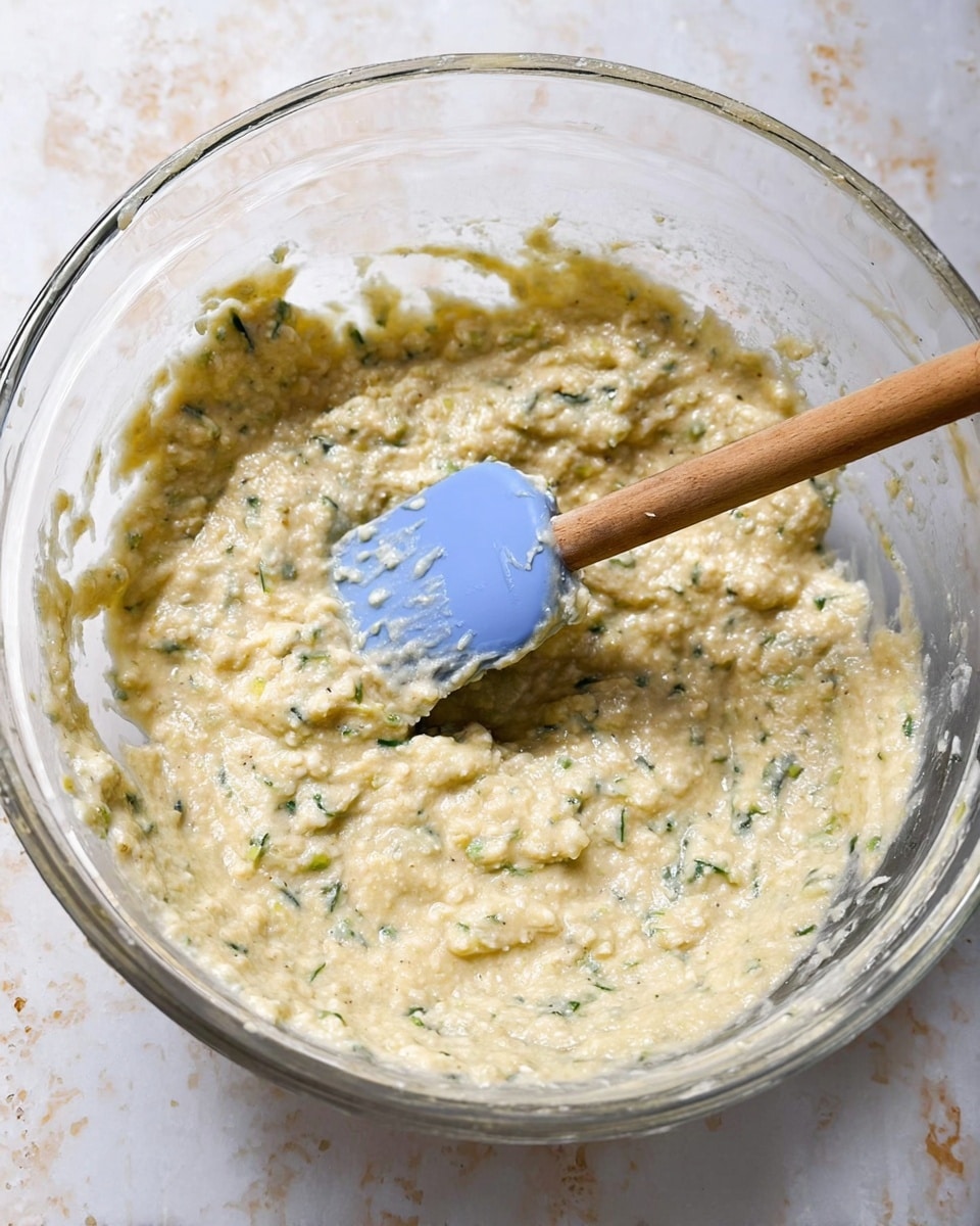 A clear glass bowl holds a thick, creamy mixture with a pale yellow color and small green bits scattered throughout. A blue spatula with a wooden handle is partially buried in the mixture, showing some of the textured, slightly chunky batter on its surface. The bowl is placed on a white marbled texture surface. photo taken with an iphone --ar 4:5 --v 7