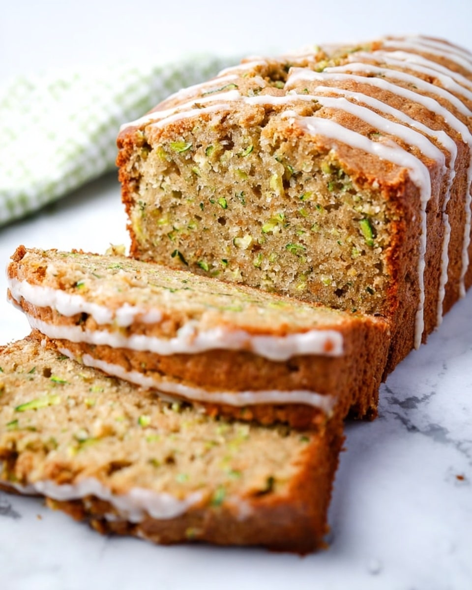 A loaf of zucchini bread with a golden brown crust sits on a white marbled surface, partially sliced to show a moist, speckled light green inside with bits of shredded zucchini. The top has white icing drizzled in thin lines across its length. The two front slices lay slightly angled in front of the loaf, highlighting the texture inside and the icing along the edges. Photo taken with an iphone --ar 4:5 --v 7