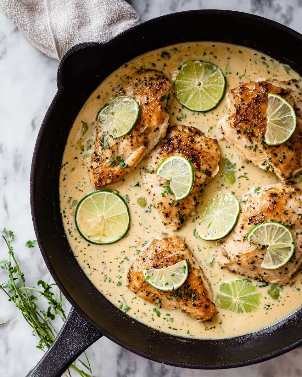 A black skillet holds five cooked chicken pieces coated lightly with black pepper and herbs, each topped with one or two thin lime slices. The chicken sits in a creamy, light yellow sauce mixed with small bits of green herbs, filling the skillet almost to the edges. The skillet is placed on a white marbled surface with some sprigs of green herbs scattered nearby. photo taken with an iphone --ar 4:5 --v 7