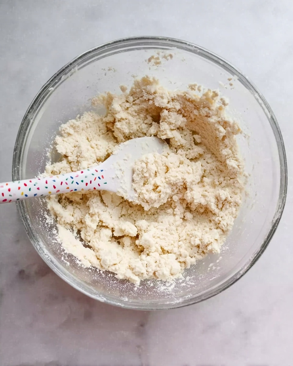 A clear glass bowl filled with a crumbly pale dough mixture that looks dry and coarse, with uneven small clumps spread throughout. Inside the bowl, a white spatula with colorful small dots is partially buried into the dough near the bottom left, showing some dough sticking to it. The bowl sits on a white marbled surface. photo taken with an iphone --ar 4:5 --v 7