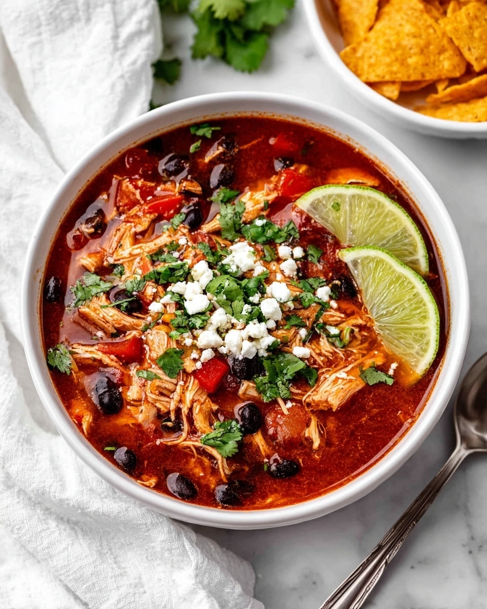 A white bowl filled with a layered chicken chili soup, showing shredded chicken pieces mixed with black beans and diced red bell peppers submerged in a rich red broth, topped with small white crumbles of cheese and fresh green cilantro leaves spread evenly across the top, with two bright lime wedges placed on the right side of the bowl's surface, all set on a white marbled background next to a white cloth and a silver spoon, while a white bowl of orange tortilla chips appears blurred in the top right corner photo taken with an iphone --ar 4:5 --v 7