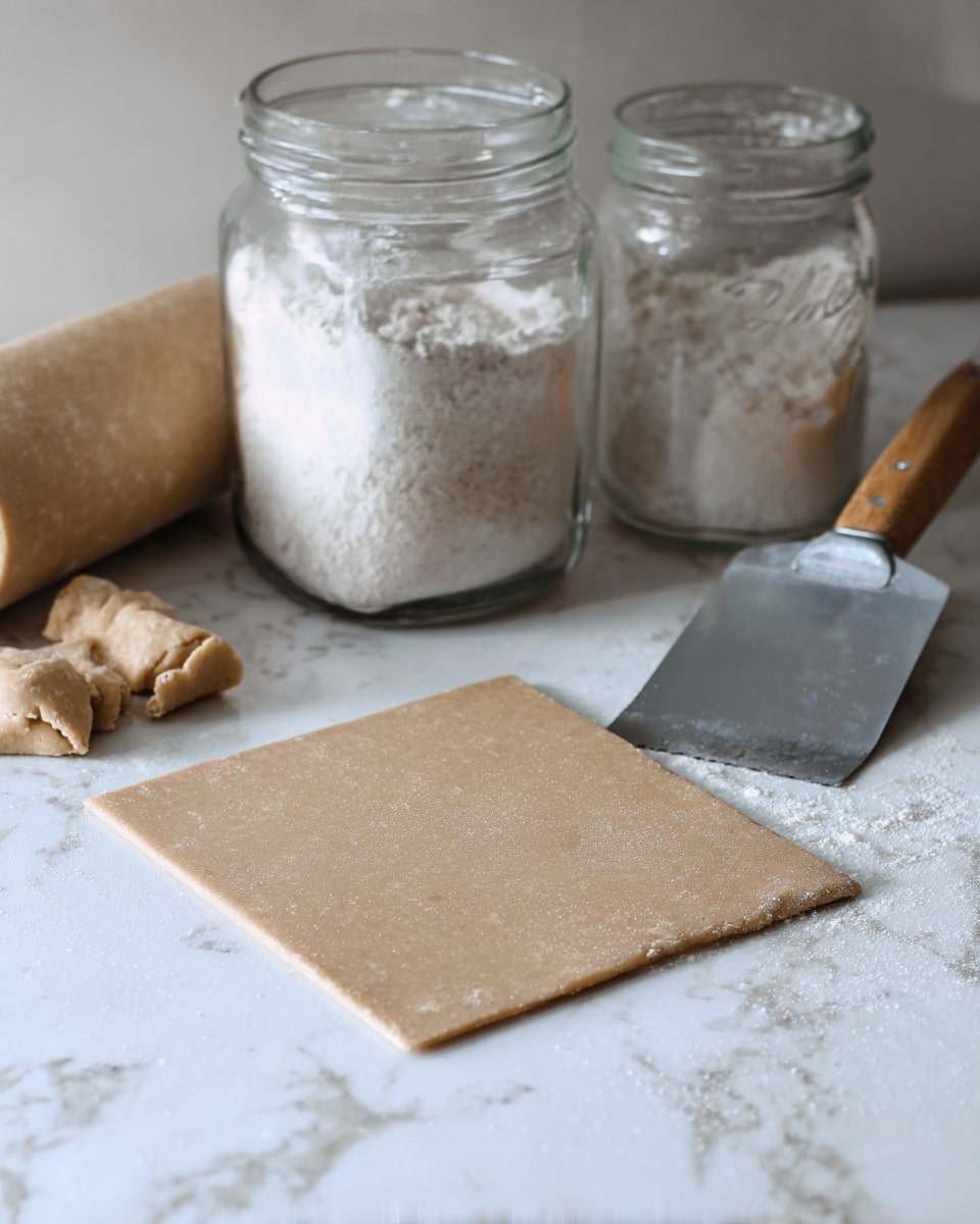 A square piece of light brown dough is spread flat on a white marbled surface, with a few small pieces of rolled dough next to it on the left side. Behind the dough are two transparent glass jars filled with white ingredients, one larger and one smaller, both with metal lids. A flat metal dough scraper with a wooden handle lies on the right side behind the dough. The setting looks ready for baking preparation photo taken with an iphone --ar 4:5 --v 7