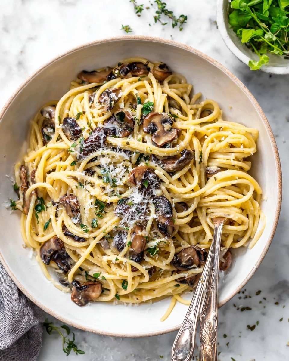A deep white bowl filled with creamy light yellow spaghetti layered with dark brown cooked mushroom slices scattered throughout. The pasta is topped with white grated cheese and small green herb bits. Two vintage silver forks rest on the right side of the pasta, one slightly twirling some strands. The bowl sits on a white marbled surface with some green herb sprinkles nearby, and a small white bowl with fresh green leaves is partly visible at the top right. Photo taken with an iphone --ar 4:5 --v 7