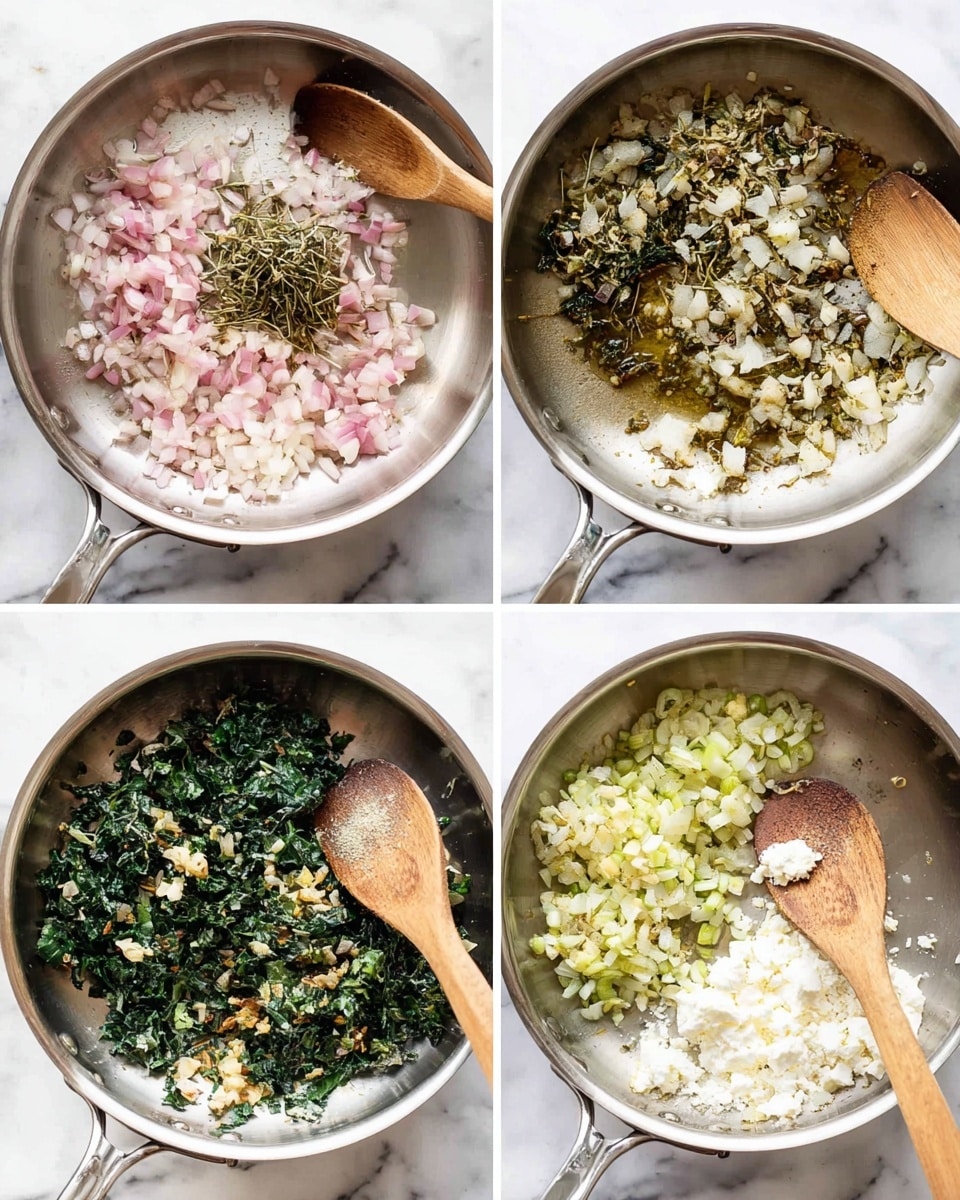 A stainless steel pan on a white marbled surface is shown in four stages of cooking. The first layer has small pieces of pale pink and white onion being stirred with a wooden spoon that has a smooth, light brown texture. The second layer shows the onions mixed with green herbs and garlic pieces, the wooden spoon holding a small bunch in the center of the pan. The third layer adds a mix of chopped dark green leafy vegetables, pale yellow lemon zest, chopped light green scallions, and a pile of off-white crumbled cheese around the wooden spoon resting to the side. The fourth layer blends all these elements into a mostly green, textured mix with white and light yellow bits, while the wooden spoon is placed on the right side, mixing the ingredients evenly. Photo taken with an iphone --ar 4:5 --v 7