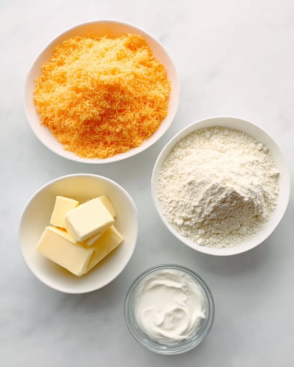 Homemade Cheese Crackers (Cheez-Its) Recipe 4 The image shows four small white bowls placed on a white marbled surface. The top left bowl is filled with finely grated orange cheese, which has a soft and fluffy texture. The top right bowl contains a heap of white flour with a powdery and smooth texture. Below these, there is a small bowl with four pieces of pale yellow butter, smooth and slightly shiny. Next to it on the bottom right, a small glass bowl holds a white creamy ingredient resembling sour cream. The bowls are neatly arranged, creating a clean and simple layout. photo taken with an iphone --ar 4:5 --v 7