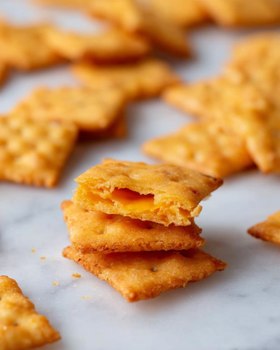 The image shows several small, square shaped crackers with a golden orange color and a bumpy texture, scattered on a white marbled surface. One cracker is broken into pieces and stacked on top of a whole cracker in the center, showing the light, flaky layers inside. The crackers have slightly uneven, crispy edges and a rough surface with small holes. The background is softly blurred with more crackers spread out, keeping the focus on the front stack. photo taken with an iphone --ar 4:5 --v 7