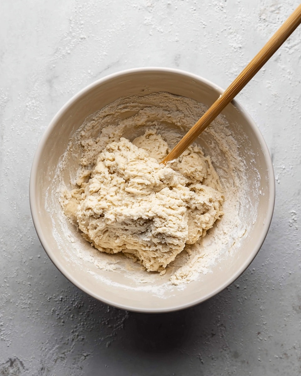 A white mixing bowl filled with light beige dough that looks sticky and rough in texture, sitting on a white marbled surface. Inside the bowl, the dough is gathered mainly in the middle, with some flour dusted around the sides. A wooden chopstick is partially stuck into the dough, leaning diagonally towards the right side of the bowl. The background surface shows a white marbled texture. photo taken with an iphone --ar 4:5 --v 7