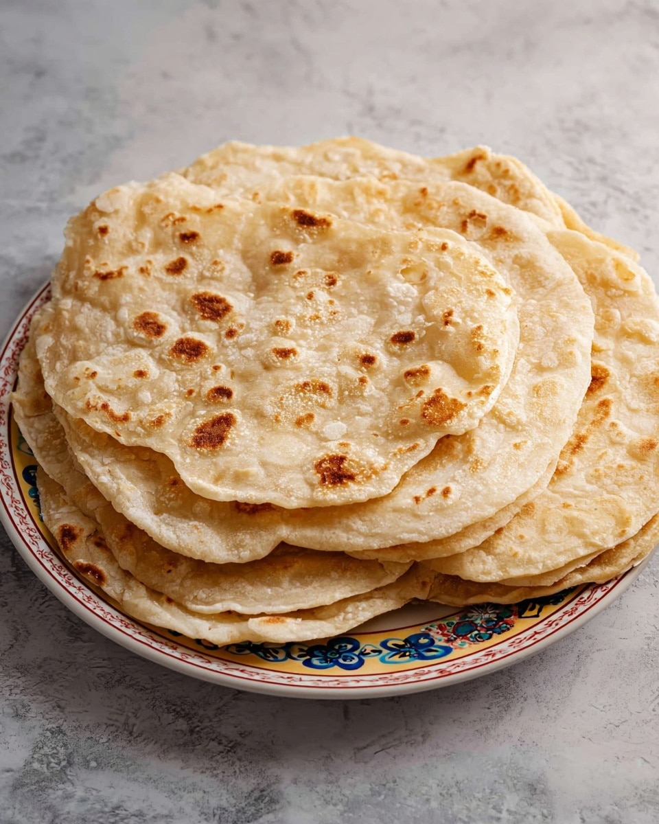 A white plate with colorful blue, red, and yellow patterns holds five layered flatbreads, each showing light golden brown spots and a soft, slightly bubbly texture. The flatbreads are stacked slightly overlapping, with edges uneven and soft, showcasing their thin and flexible nature. The plate is placed on a white marbled background, highlighting the warm, light beige color of the flatbreads photo taken with an iphone --ar 4:5 --v 7