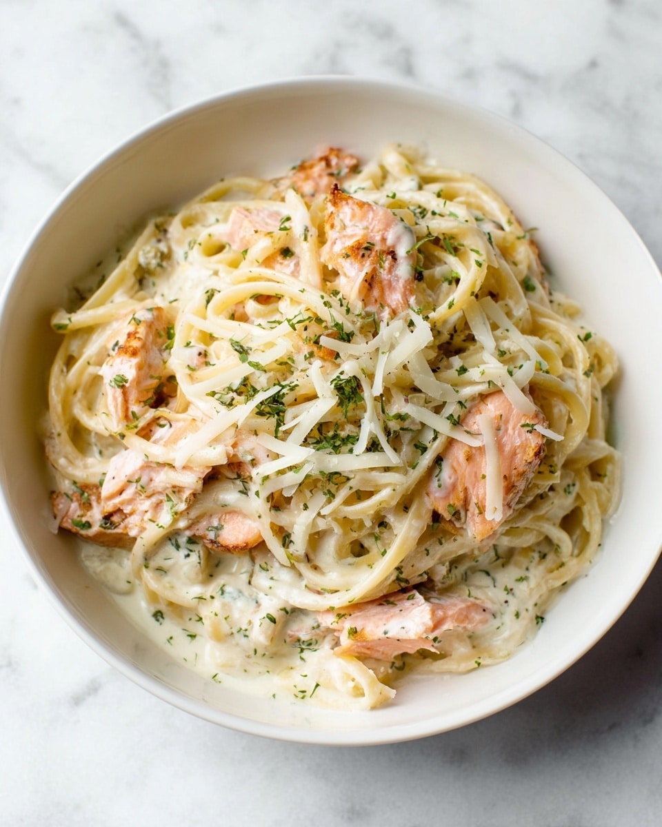 A white bowl filled with creamy spaghetti pasta layered with pink salmon pieces throughout, coated evenly in a white sauce with green herb specks. Thin, light tan parmesan cheese shavings are scattered on top, adding texture contrast. The dish is set on a white marbled surface with soft natural lighting, highlighting the creamy and fresh look of the meal. photo taken with an iphone --ar 4:5 --v 7