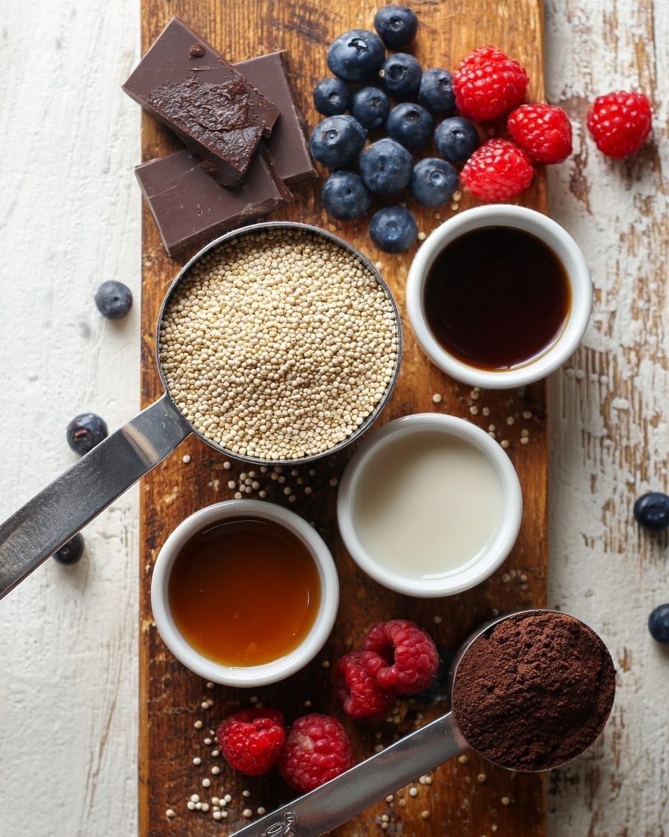 A top view of various ingredients arranged on a wooden board and a white marbled surface, showing a metal scoop filled with light beige quinoa grains in the center. Surrounding it are small white bowls with dark brown syrup, light amber syrup, and white liquid. There is a metal scoop filled with powdered cocoa on the board along with scattered pieces of dark chocolate and fresh blueberries and red raspberries placed around. The scene is rustic and colorful. photo taken with an iphone --ar 4:5 --v 7