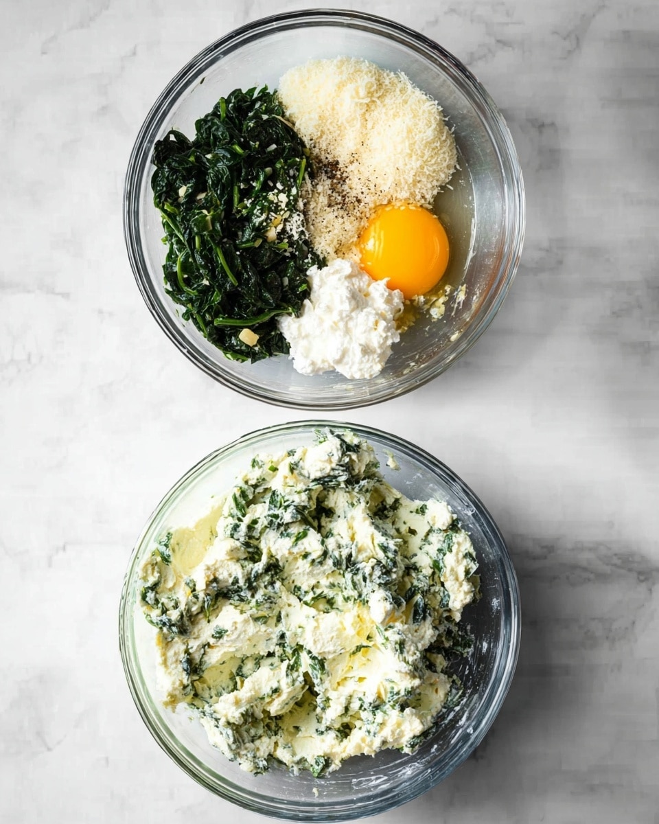 The image shows two clear glass bowls on a white marbled surface side by side. The left bowl has six different ingredients placed in separate piles: dark green leafy cooked spinach on the top right, a fresh raw egg with a bright yellow yolk near the bottom right, white cottage cheese or ricotta at the bottom, finely grated light beige cheese to the left, and a small amount of light minced garlic with some black pepper sprinkled on top near the center. The right bowl shows the same mixture fully combined into a creamy and thick texture with green pieces of spinach and white cheese formations spread evenly throughout, showing a blended but chunky mix. Photo taken with an iphone --ar 4:5 --v 7