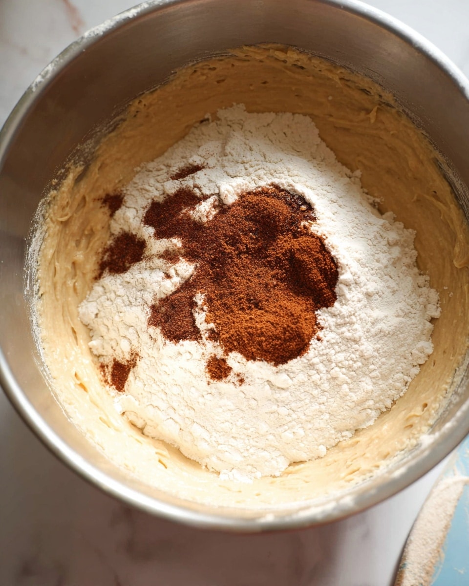 A close-up image shows a mixing bowl with a thick, light brown batter layer spread on the bottom, topped with a large layer of pale flour. On top of the flour, there are scattered dark brown and reddish brown spices forming an uneven circle near the center. The bowl is silver metal and sits on a white marbled surface, with a small part of a white utensil visible on the right edge. The photo taken with an iphone --ar 4:5 --v 7