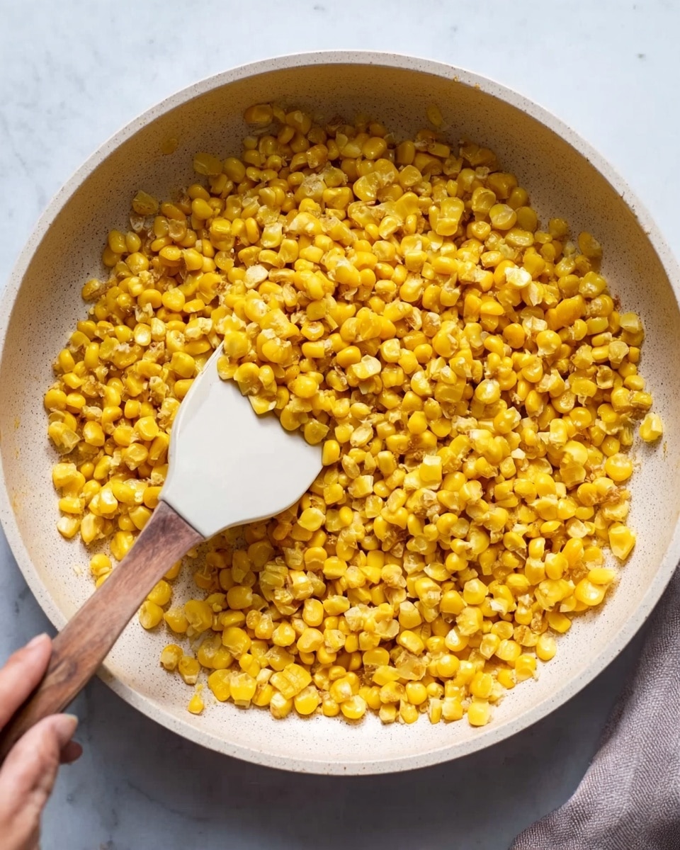 A close-up view shows a white pan filled with cooked yellow corn kernels evenly spread out, some pieces appear slightly browned from cooking. A woman's hand is holding a white spatula with a wooden handle resting inside the pan on the left side. The pan is placed on a white marbled surface. The lighting highlights the bright yellow color and slight texture of the corn kernels photo taken with an iphone --ar 4:5 --v 7