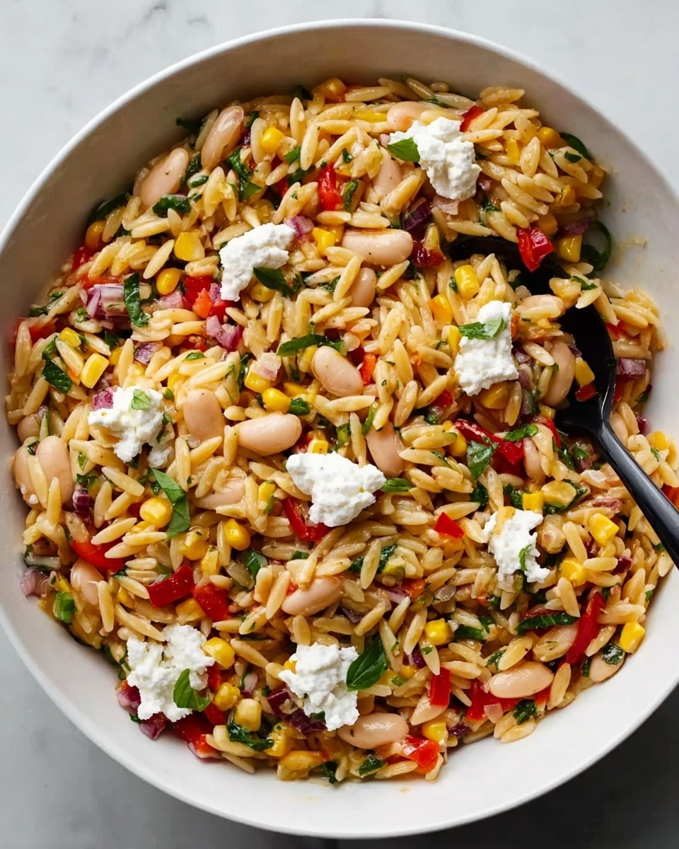 A white bowl filled with a colorful orzo salad made of small yellow corn kernels, white beans, red bell pepper pieces, and green herb leaves scattered throughout. There are small dollops of soft white cheese placed evenly on top, adding contrast to the mix of colors. A black spoon rests in the bowl on the left side, partially submerged in the salad. The bowl is placed on a white marbled surface. photo taken with an iphone --ar 4:5 --v 7
