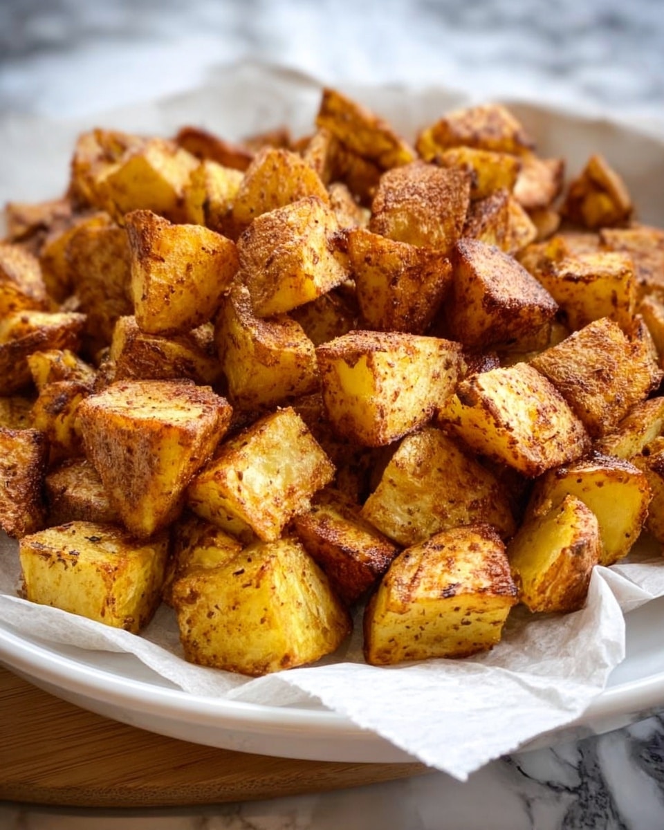 A large pile of golden brown roasted potato cubes with crisp edges and a slightly rough texture, stacked high on a white plate lined with parchment paper, all set on a white marbled surface. The potatoes show a mix of yellow and light brown colors with some darker, crispy spots, giving a crunchy and well-seasoned appearance. Photo taken with an iphone --ar 4:5 --v 7