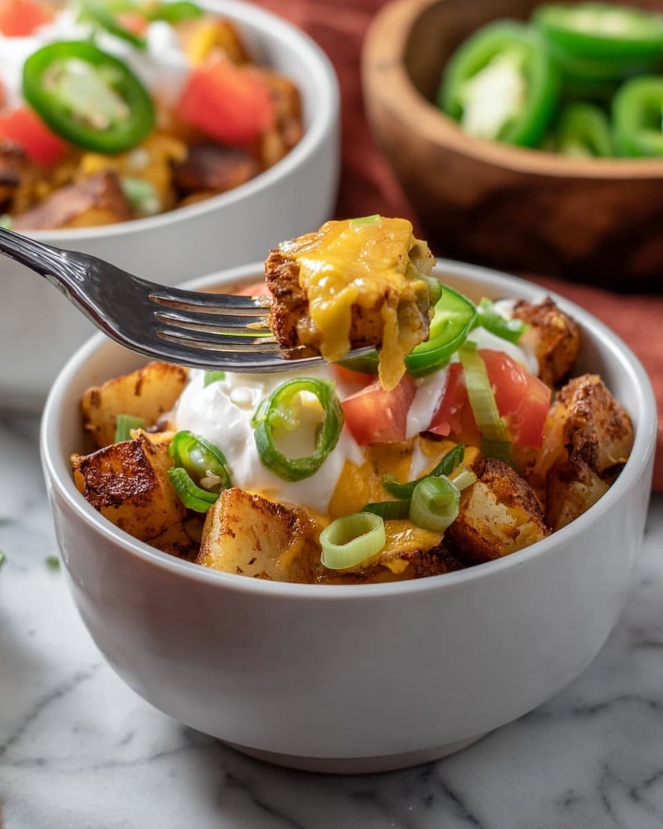A white ceramic bowl is filled with three visible layers: the bottom layer is thick yellow cheese sauce, the middle layer has small brown grilled potato cubes with crispy edges, and the top layer is a dollop of white sour cream. On top of the sour cream, there are small pieces of red tomato, thin green onion slices, and a couple of bright green jalapeño slices. A metal fork is placed into the bowl, lifting some cheesy potato cubes. The bowl sits on a white marbled surface with a blurry background showing another similar bowl and a wooden bowl filled with sliced green jalapeños. photo taken with an iphone --ar 4:5 --v 7