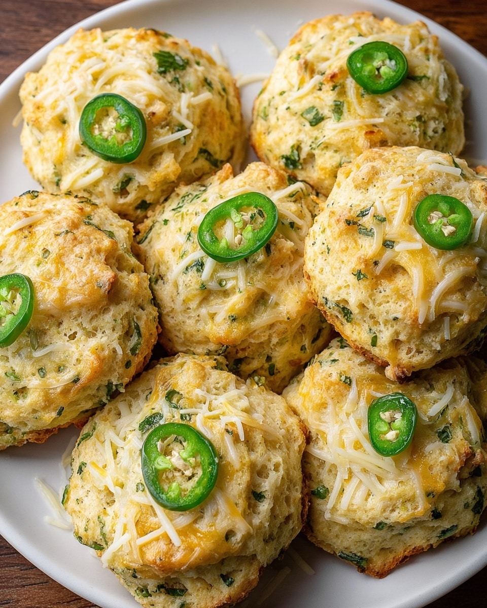 A white plate holds eight round, golden-yellow biscuits with a textured surface showing bits of green jalapeño peppers and herbs mixed throughout. Each biscuit is topped with melted shredded cheese and small slices of fresh green jalapeño, giving a slightly moist, cheesy look on top. The biscuits are arranged close together, and the wood surface underneath them is visible around the plate. The lighting highlights the cheesy and slightly rough texture of the baked biscuits. photo taken with an iphone --ar 4:5 --v 7
