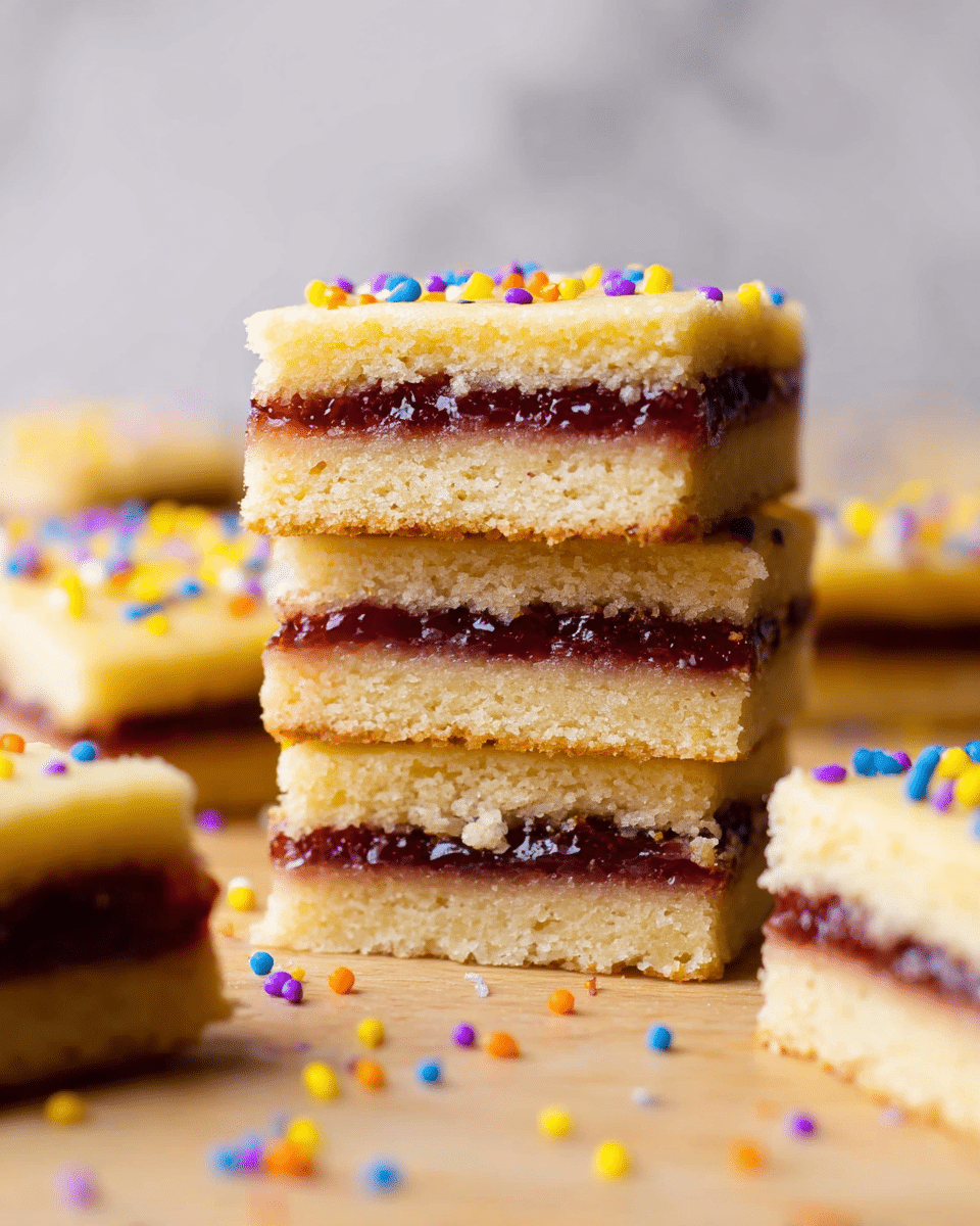 The image shows a close-up of a stack of two-layer rectangular cookie bars. Each bar has a bottom layer of light yellow soft cookie, a middle layer of dark red jam spread thinly but evenly, and a top layer of the same light yellow cookie. The surface of the top cookie layer is decorated with small, colorful round sprinkles in yellow, blue, purple, and orange. The bars are stacked on a light wooden surface with scattered sprinkles around, and the background is a soft out-of-focus white marbled texture. Photo taken with an iphone --ar 4:5 --v 7