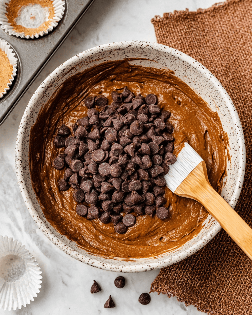 A white speckled mixing bowl filled with thick, smooth chocolate batter that has a rich brown color, topped with a large pile of dark brown chocolate chips sitting in the center. A wooden spatula with a white silicone tip is partially submerged in the batter, resting on the right side of the bowl. The bowl is placed on a white marbled surface, with a brown textured cloth to the right and a muffin pan with unfilled white cupcake liners on the left side. Photo taken with an iphone --ar 4:5 --v 7