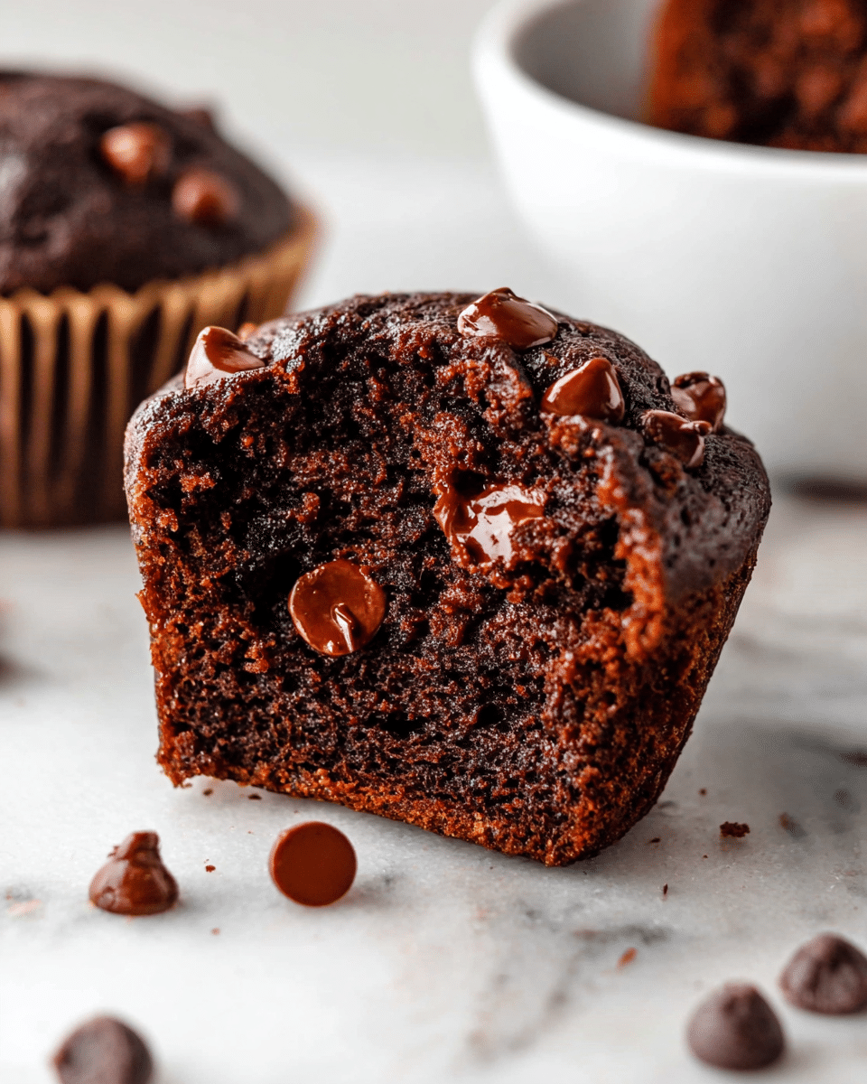 The image shows a close-up of a chocolate muffin that is cut in half. The muffin has two layers: a dark brown, moist, and soft cake base with a slightly rough texture, and melted chocolate chips scattered throughout both inside and on top, which have a shiny, smooth texture and a rich reddish-brown color. The muffin sits on a white marbled surface with some loose chocolate chips nearby, and in the background, part of another whole muffin is visible inside a white bowl. photo taken with an iphone --ar 4:5 --v 7