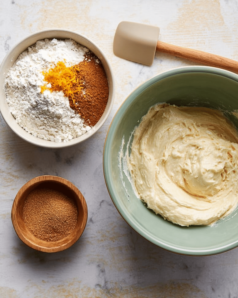 The image shows three bowls on a white marbled surface. The largest bowl on the right is pale green and filled with a thick, creamy, smooth off-white batter. To the left is a white bowl holding dry ingredients separated into three parts: a large section of white flour, a section of brown cinnamon powder, and a small area of bright orange zest on top. Below these is a small wooden bowl with a fine brown powder, possibly cinnamon or nutmeg. A wooden spatula with a neutral-colored silicone head rests on the right side of the surface. The scene looks clean and organized. Photo taken with an iphone --ar 4:5 --v 7