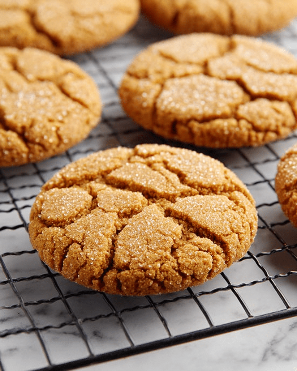 Several round cookies with a cracked, rough surface and a golden-brown color are resting on a cooling rack. The cookies have a slightly raised texture with sugar crystals visible on top, showing an inviting crunchiness. The cooling rack is placed on a white marbled surface, giving a clean and bright background that contrasts with the warm color of the cookies. photo taken with an iphone --ar 4:5 --v 7