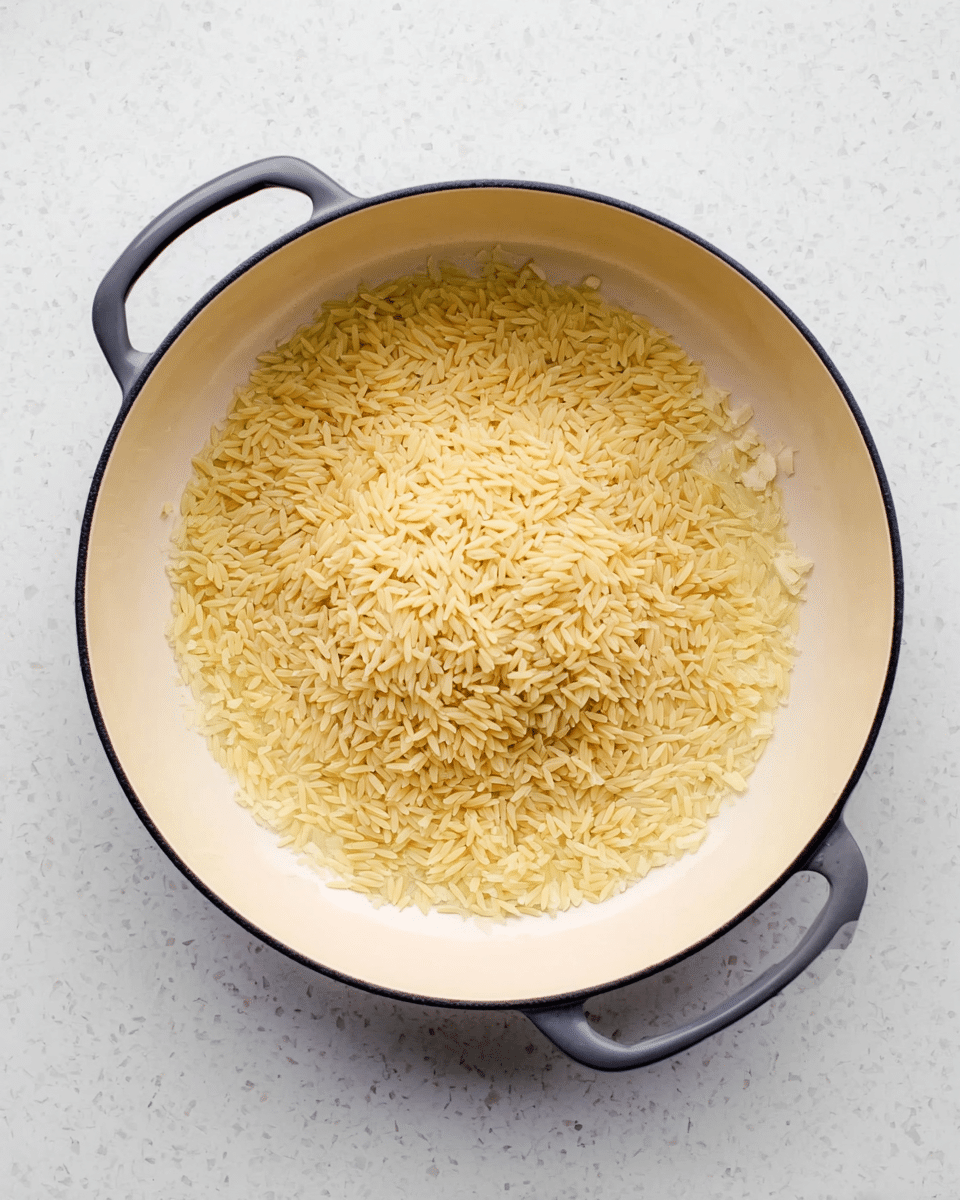 A white round pan with two dark gray handles is shown from above on a white marbled surface. Inside the pan, there is a layer of finely chopped light yellow onions cooked in oil forming a ring around the center. In the middle, there is a mound of uncooked short golden-yellow orzo pasta, which looks dry and scattered loosely. The overall colors are soft yellow and pale cream, with the pan's light interior providing a smooth background. photo taken with an iphone --ar 4:5 --v 7