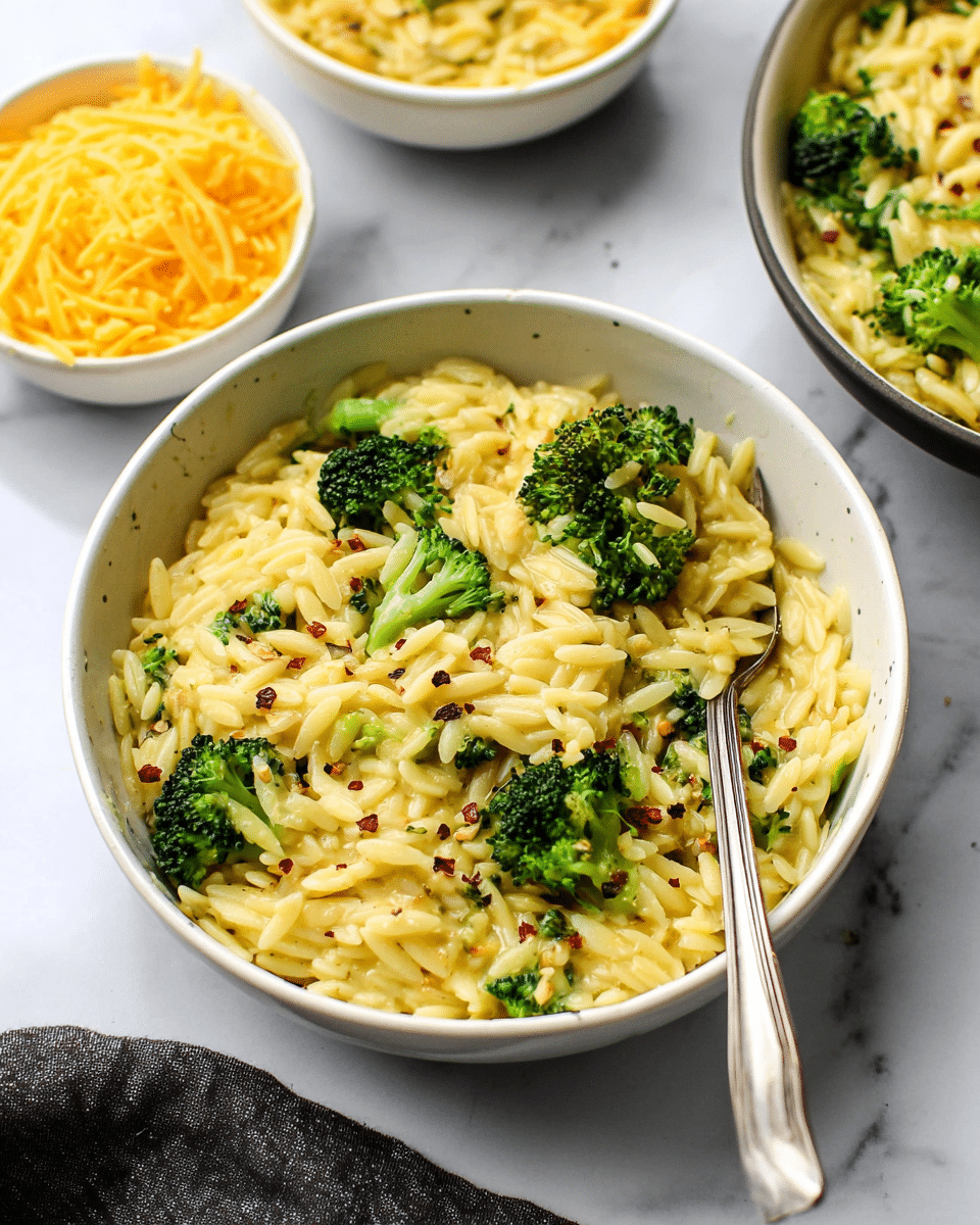 The image shows a white bowl filled with creamy yellow orzo pasta mixed evenly with small, bright green broccoli florets. The orzo looks soft with a smooth, slightly shiny texture, and the broccoli adds a fresh, slightly rough texture. On top, there are small sprinkles of black pepper and red chili flakes scattered, adding tiny specks of dark and red colors. A silver fork is placed inside the bowl, with its handle leaning across the bowl’s edge. In the background, there is a small white bowl filled with shredded yellow cheddar cheese and part of another white bowl with the same orzo and broccoli dish, all set on a white marbled surface. photo taken with an iphone --ar 4:5 --v 7