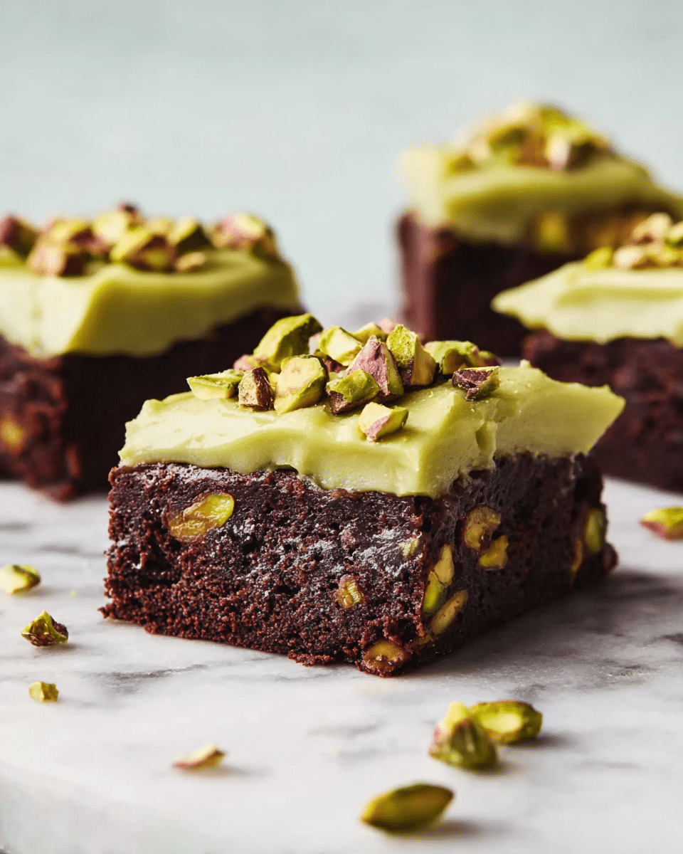 The image shows three thick chocolate brownies placed on a white marbled surface. Each brownie has visible green pistachio nuts inside the dark brown textured base, with the front brownie being the closest and most in focus. On top of each brownie is one thick layer of smooth, creamy light green frosting, topped with small pieces of chopped pistachios, adding a crunchy texture. The background is soft and out of focus, highlighting the rich colors and textures of the brownies and nuts in the foreground. Photo taken with an iphone --ar 4:5 --v 7