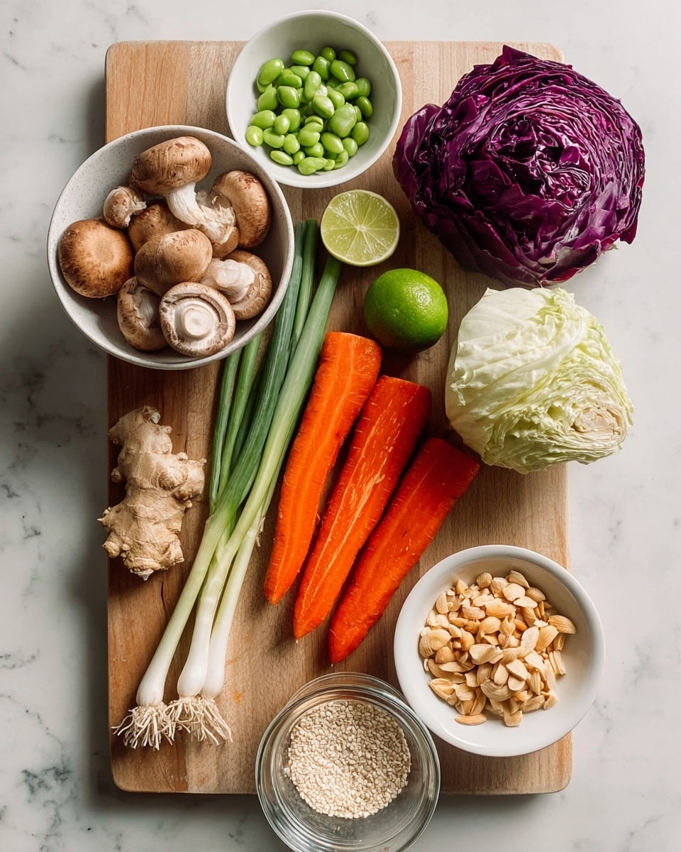 A wooden board on a white marbled surface holds fresh vegetables and ingredients arranged neatly. At the center, there are three long bright orange carrots and a bunch of green onions with white roots, alongside a whole lime. To the left, a bowl filled with light to medium brown mushrooms sits next to a ginger root and a garlic bulb placed on the board. Above the carrots, half a white cabbage and one whole purple cabbage rest side by side. A bowl of green edamame beans is positioned at the top left, and a white bowl filled with light brown sliced almonds is on the right. A small glass container with white sesame seeds is at the bottom center. The colors are vibrant, and the textures vary clearly across the items, photo taken with an iphone --ar 4:5 --v 7