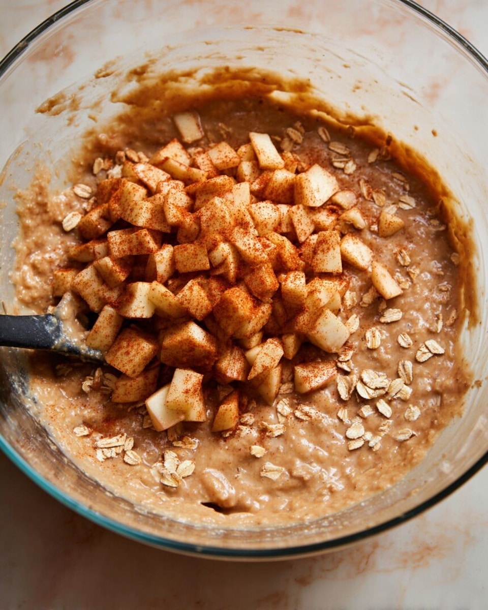 A clear glass bowl holds a thick, light brown batter with visible oat flakes mixed in. On top of the batter is a large pile of small, diced apple pieces coated with a reddish-brown spice, likely cinnamon. A black spoon is partially visible on the left side, slightly mixed into the batter and apples. The background surface is a white marbled texture. photo taken with an iphone --ar 4:5 --v 7