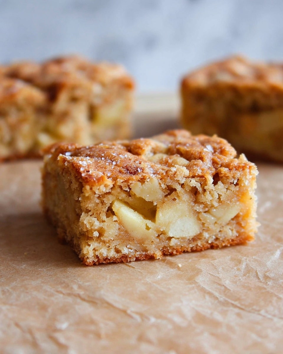 The image shows a close-up of a square piece of apple cake placed on crinkled parchment paper over a wooden surface with a white marbled texture background. The cake has one visible layer, with a light brown color and soft texture, filled with small chunks of pale yellow apple evenly spread throughout. The top layer is slightly darker and has a crumbly, sugar-dusted surface that adds texture. Two more pieces of the same apple cake are blurred in the background. photo taken with an iphone --ar 4:5 --v 7