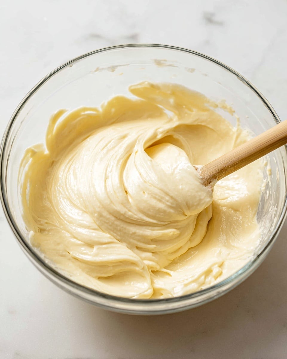 A clear glass bowl filled with creamy, pale yellow batter that has a smooth and thick texture, being gently mixed by a light wooden spatula on the right side of the bowl. The batter's surface shows soft swirls and peaks where the spatula has lifted it, giving a fluffy and rich look. The bowl is placed on a white marbled surface, creating a clean and simple background. Photo taken with an iphone --ar 4:5 --v 7