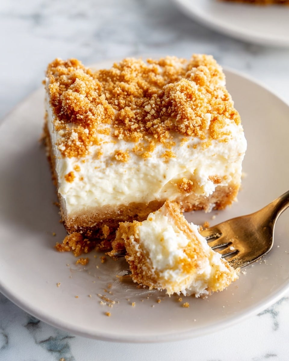 The image shows a slice of dessert with three clear layers on a white plate resting on a white marbled surface. The bottom layer is a dense, golden brown crumbly crust. The middle layer is thick, creamy, and white, looking soft and smooth. The top layer is a lighter white cream sprinkled generously with golden brown crumbs, giving it a crunchy texture. A fork pulls up a bite from the slice, showing the same three layers with the crumbs sticking lightly to the cream. The scene is bright and detailed, focusing on the textures of the dessert. photo taken with an iphone --ar 4:5 --v 7