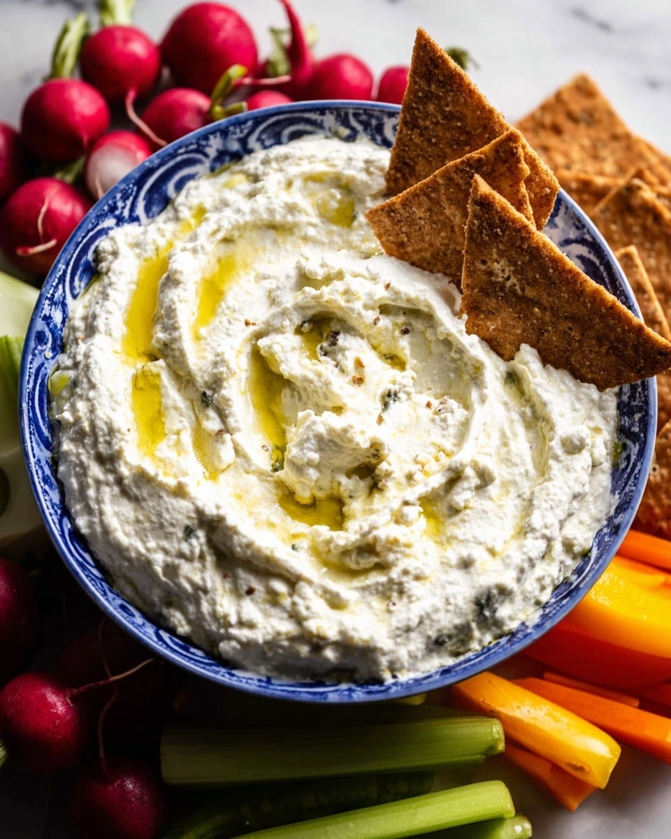 A white bowl with blue patterns around the rim is filled with a thick, creamy white dip that has a slightly chunky texture and is drizzled with olive oil, showing swirls on the surface. Two triangular brown crackers are partially dipped into the dip at the top side of the bowl. Around the bowl, there are fresh, colorful vegetables including red radishes with green stems, light green celery sticks, and bright orange bell pepper slices. The bowl and vegetables sit on a white marbled texture surface. photo taken with an iphone --ar 4:5 --v 7