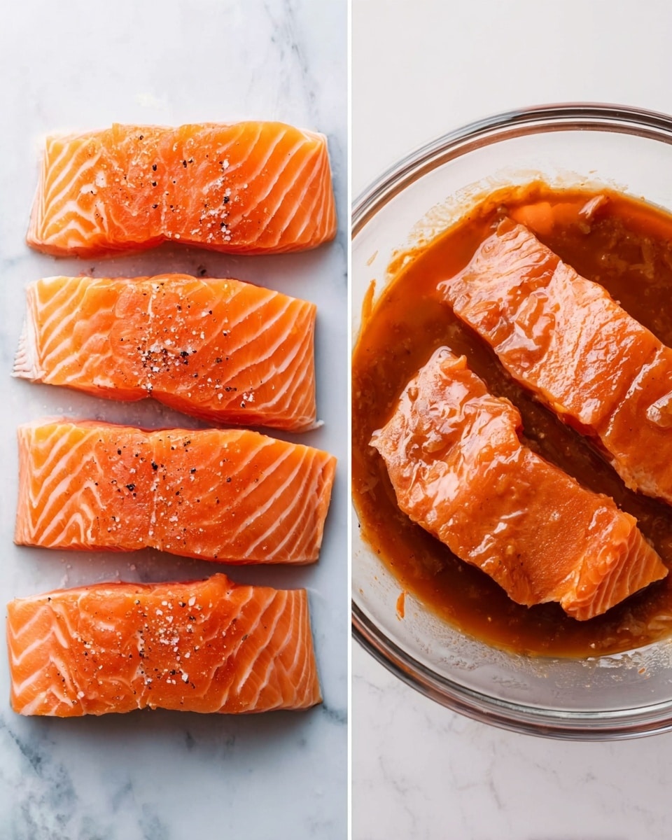 The image shows two side-by-side pictures on a white marbled surface. On the left, there are four raw salmon fillets arranged vertically, each with a bright orange-pink color and visible white lines of fat, sprinkled lightly with black pepper and salt. On the right, the same four salmon fillets are now coated in a thick, reddish-brown sauce inside a clear bowl, with the sauce covering the fillets unevenly and adding a glossy texture to the fish. photo taken with an iphone --ar 4:5 --v 7