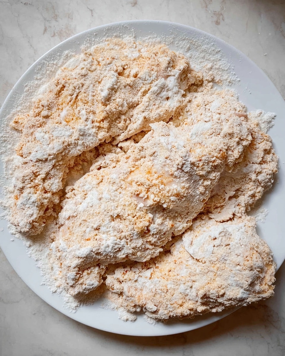 A white plate holds three large pieces of raw chicken covered in a thick, uneven layer of flour coating. The flour is pale white with some light orange and beige spices mixed in, creating a textured look with small clumps and rough patches all over the chicken pieces. The chicken pieces are roughly shaped and irregular, with the flour covering reaching the edges of the plate. The plate is placed on a white marbled surface. photo taken with an iphone --ar 4:5 --v 7