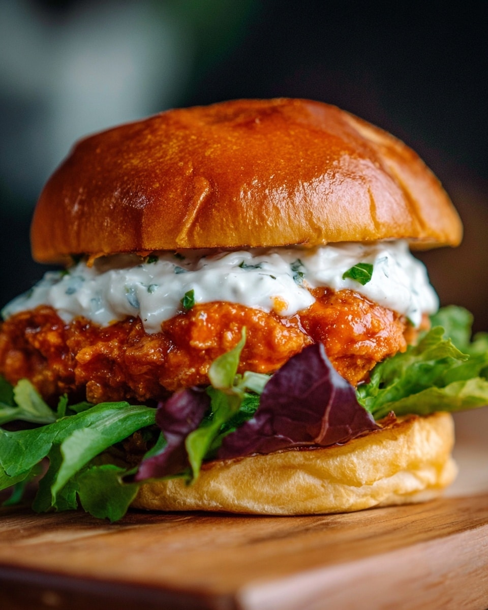 A close-up view of a sandwich shows four main layers stacked inside a soft, golden brown bun. The top layer is the shiny bun crown with slight wrinkles. Below it, there is a thick spread of white creamy sauce with small green herb specks. Under the sauce, there is a thick, crispy fried patty coated in a bright orange-red sauce. At the bottom, fresh green leafy lettuce and a leaf with a dark red-purple color sit on the bottom bun, which is golden and slightly toasted. The sandwich is set on a wooden surface with a dark blurry background. photo taken with an iphone --ar 4:5 --v 7