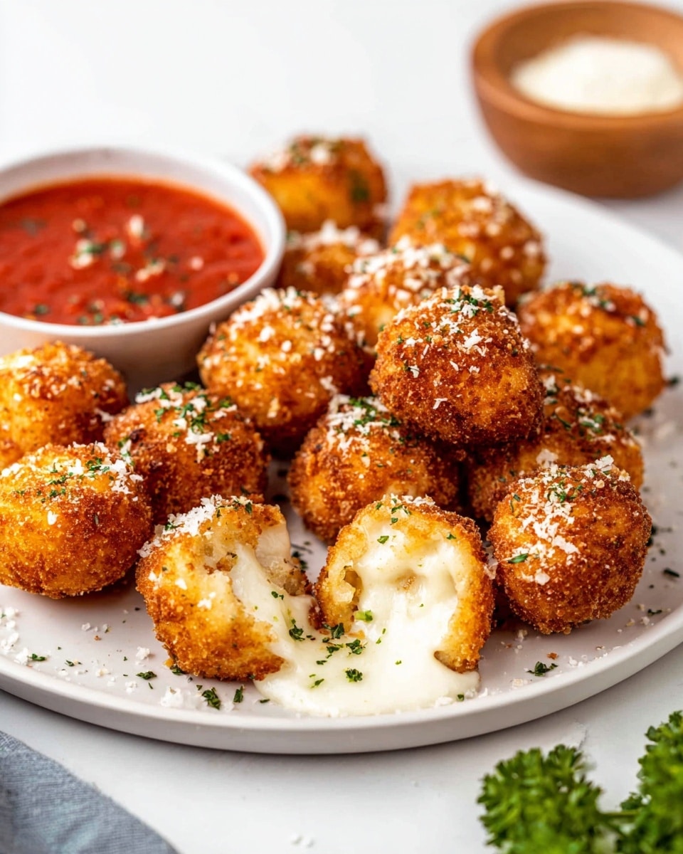 A white plate filled with round crispy golden brown fried cheese balls sprinkled with finely chopped green herbs and white grated cheese. One cheese ball is broken open at the front, showing melted white cheese inside. To the left side of the plate, there is a small white bowl with smooth red tomato sauce. In the background, there is a blurry wooden bowl with white sauce and some green parsley at the bottom right on a white marbled surface. photo taken with an iphone --ar 4:5 --v 7