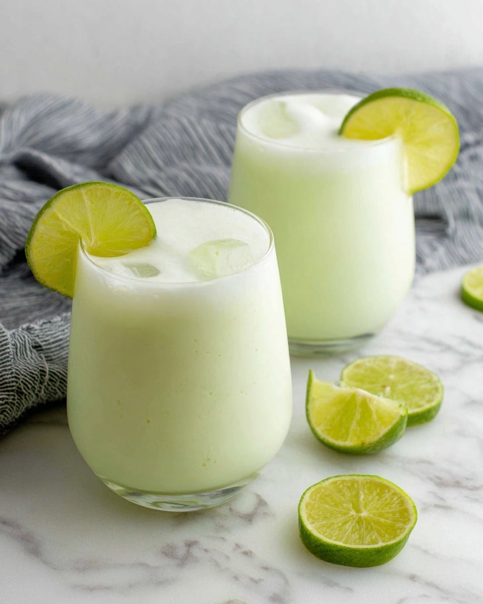 Two glasses filled with a light green creamy drink with ice cubes inside sit on a white marbled surface. Each glass is simple and clear, showing the pale green liquid with a foamy white layer on top. A slice of bright green lime is placed on the rim of each glass. Around the glasses, there are a few extra lime slices scattered. In the background, a grey striped cloth is softly folded. photo taken with an iphone --ar 4:5 --v 7
