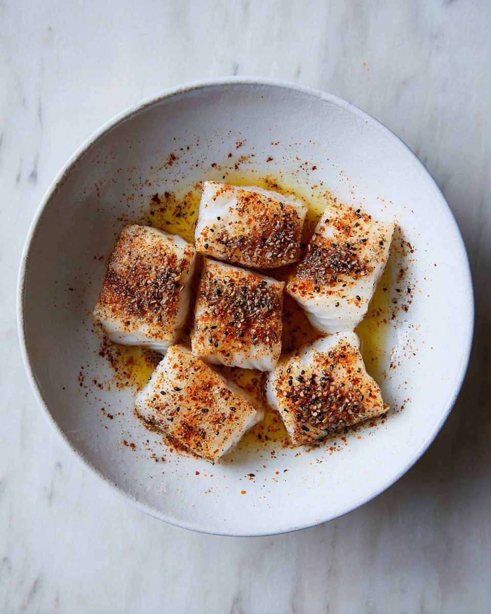 Six rectangular pieces of white fish sit in a white bowl, each piece sprinkled evenly with a reddish-orange spice blend and small black seeds. The fish pieces are arranged in two rows, with a light coating of oil and seasoning spread around the bowl’s inner surface. The bowl rests on a white marbled texture surface. Photo taken with an iphone --ar 4:5 --v 7