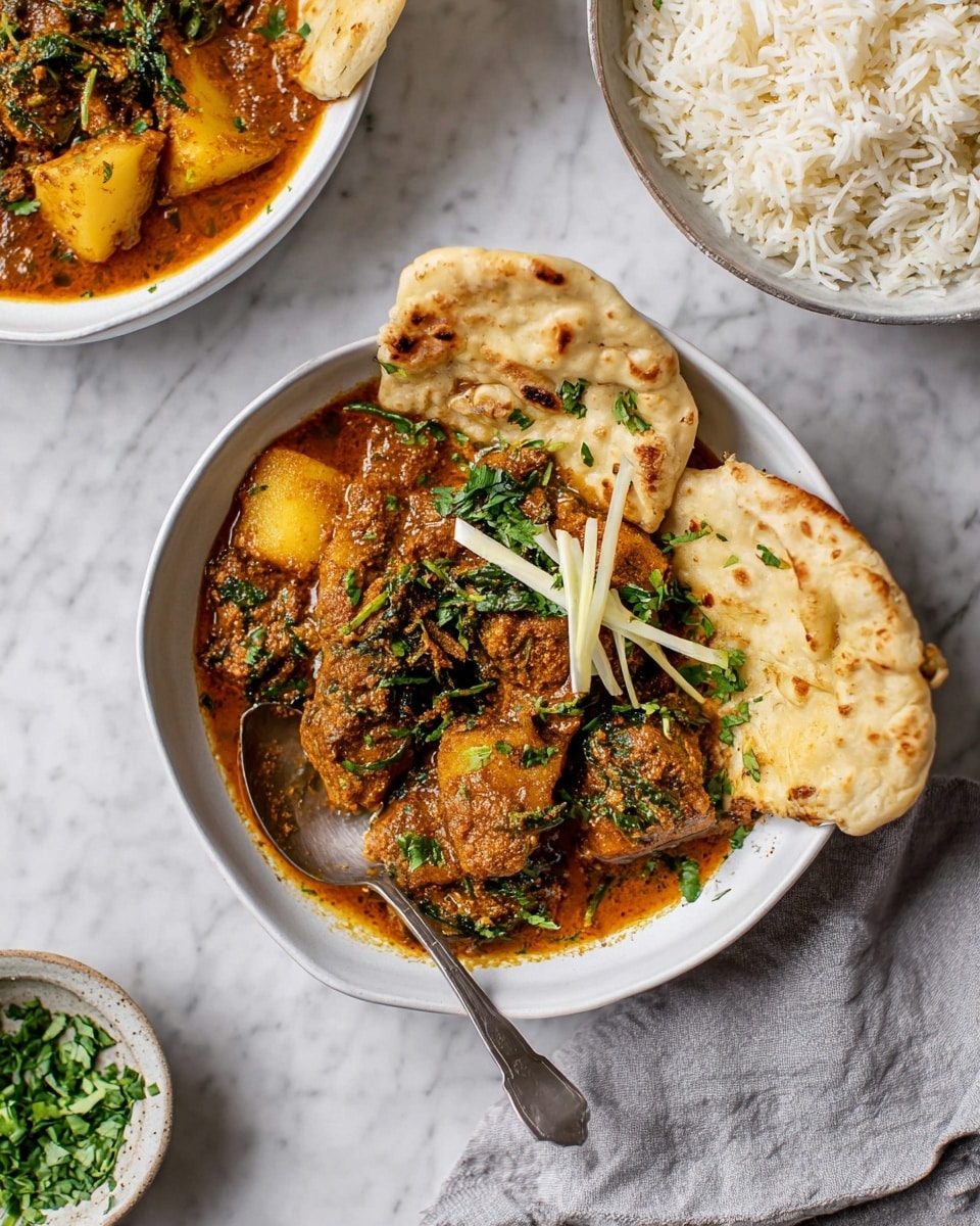 The image shows a white bowl filled with a rich, dark orange curry layered with chunks of meat and potatoes, topped with fresh green herbs and thin strips of ginger, alongside two pieces of beige naan bread resting on one side of the bowl. A silver spoon is placed in the bowl, slightly submerged in the curry. In the background, there is another white bowl filled with fluffy, white rice, and a partially visible small bowl with fresh chopped green herbs. All items are set on a white marbled surface with a soft grey cloth partially visible near the bottom right of the main bowl. Photo taken with an iphone --ar 4:5 --v 7