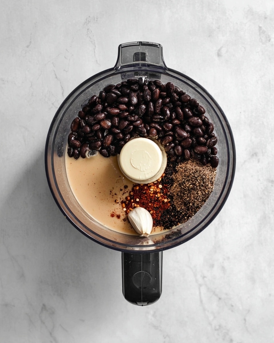 A transparent food processor bowl with a black base is filled with four layers of ingredients: a large layer of shiny, dark black beans covering most of the bottom, a whole white garlic clove resting on the right side, a pool of smooth beige liquid on the left side, and a small heap of various dark brown and reddish spices sprinkled over part of the beans near the top. The background is a white marbled surface. photo taken with an iphone --ar 4:5 --v 7