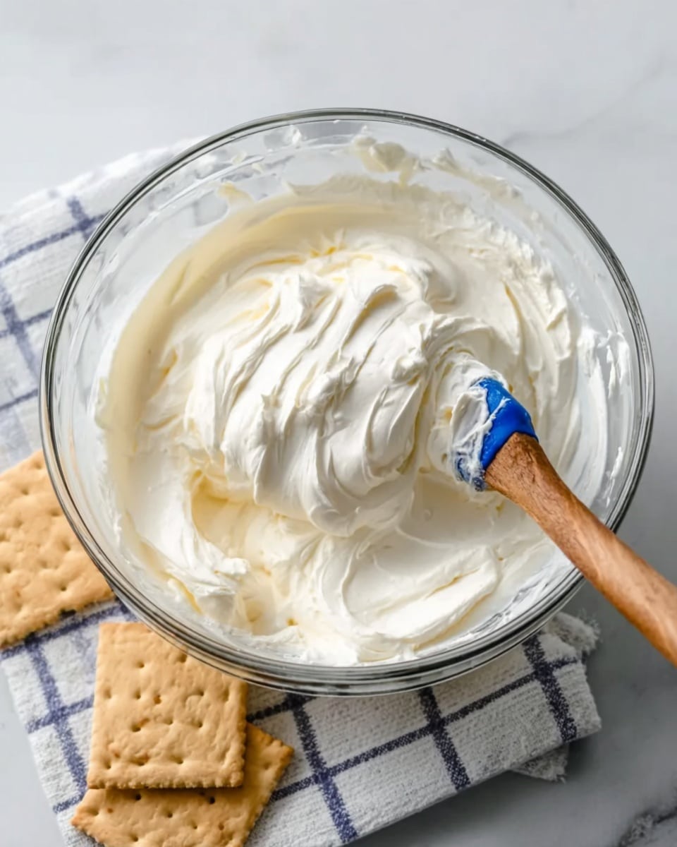 A clear glass bowl filled with thick, creamy white mixture, roughly whipped, with visible soft peaks and a smooth texture. A wooden spoon with a blue silicone tip is partially submerged in the mixture, resting against the side of the bowl. Nearby, two light tan square crackers are placed on a white marbled surface with a white and blue checkered cloth partially visible underneath the bowl. photo taken with an iphone --ar 4:5 --v 7