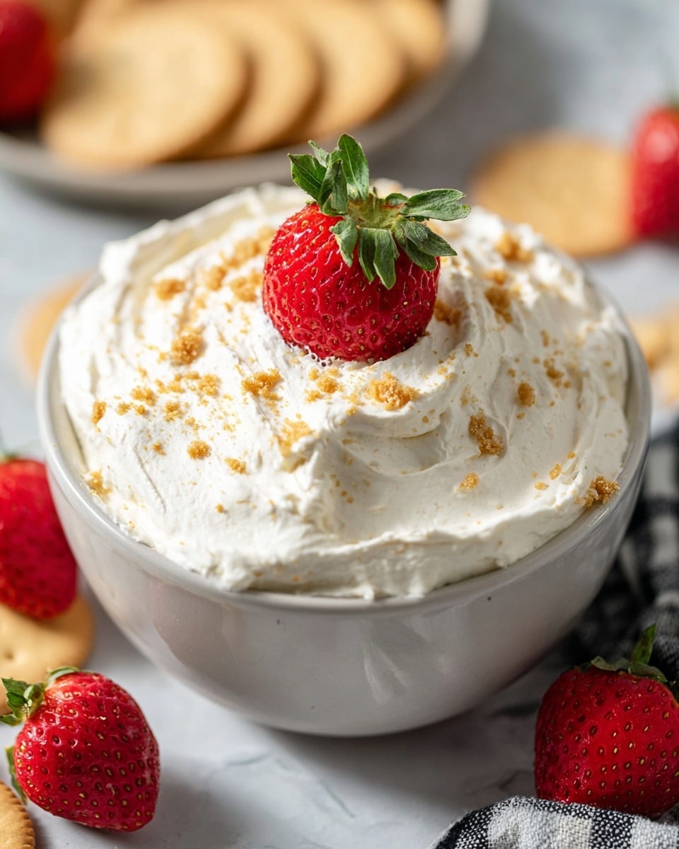 A white bowl filled with one thick layer of creamy, fluffy white dip sprinkled with small crumbs of light brown crackers scattered on top. A single bright red strawberry with fresh green leaves is placed upright in the center of the creamy layer. Around the bowl on a white marbled surface are whole and halved strawberries and blurred beige crackers in the background. Part of a black and white checkered cloth is visible near the edge of the bowl. Photo taken with an iphone --ar 4:5 --v 7