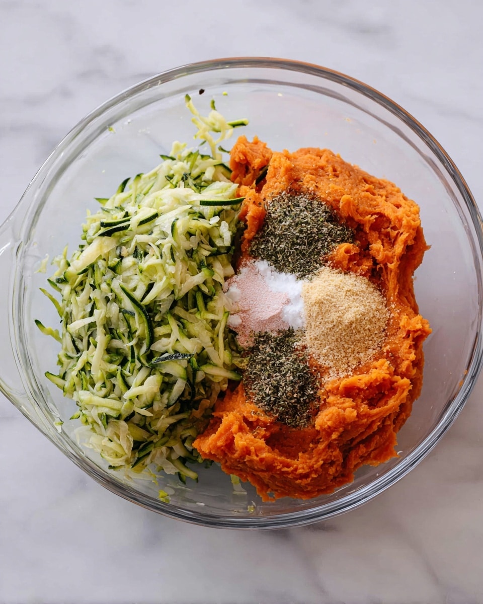 In a clear glass bowl on a white marbled surface, there are two main mounds of ingredients. On the left side, there is a heap of shredded zucchini with a green and white mix, showing a moist, textured look. On the right side, there is a thick orange layer of mashed sweet potatoes. On top of the sweet potatoes, there are four small piles of powder and seasoning: white flour, pink salt, black ground pepper, and a beige crumbly powder, each placed close to each other but distinctly separate. The bowl is partly visible with a curved edge. photo taken with an iphone --ar 4:5 --v 7