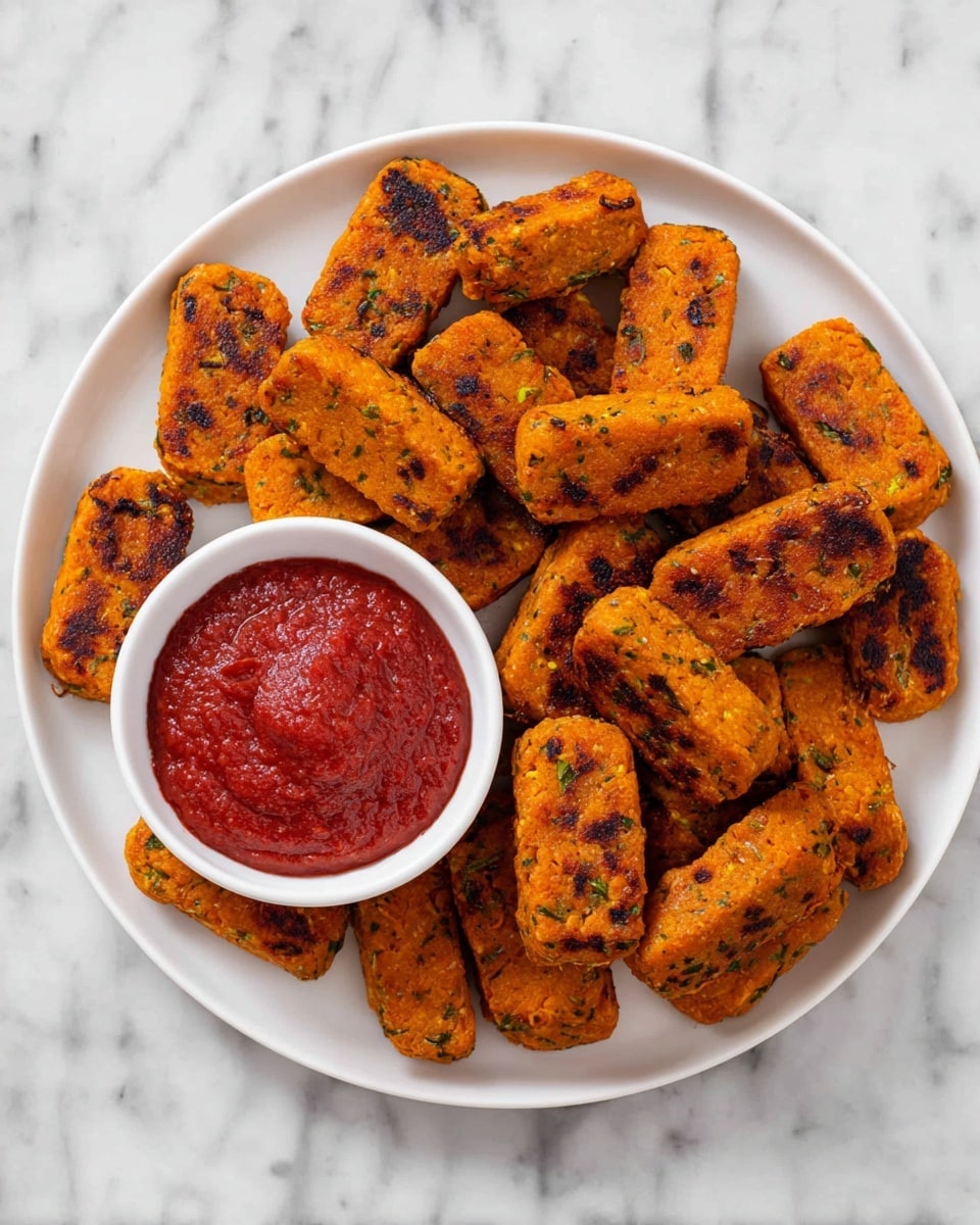 A white plate sits on a white marbled surface, filled with small, rectangular orange patties that have green herb flecks and charred brown spots on their textured surfaces. Next to the pile of patties is a small white bowl filled with thick, bright red sauce with a slightly uneven surface. The patties are stacked closely together in an irregular but dense layer around the bowl. Photo taken with an iphone --ar 4:5 --v 7