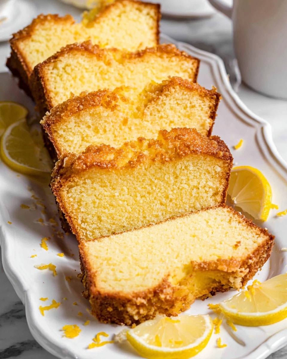The image shows five slices of lemon cake neatly arranged on a white plate with scalloped edges. Each slice has a golden-brown crust on top with a crumbly texture, while the inside is a light yellow, soft, and moist cake. The slices are slightly angled, revealing their thickness and texture. Around the plate are a few lemon wedges with bright yellow color and visible juice, as well as scattered bits of lemon zest adding a pop of color. The background features a white marbled surface, and part of a white mug is visible on the side. photo taken with an iphone --ar 4:5 --v 7